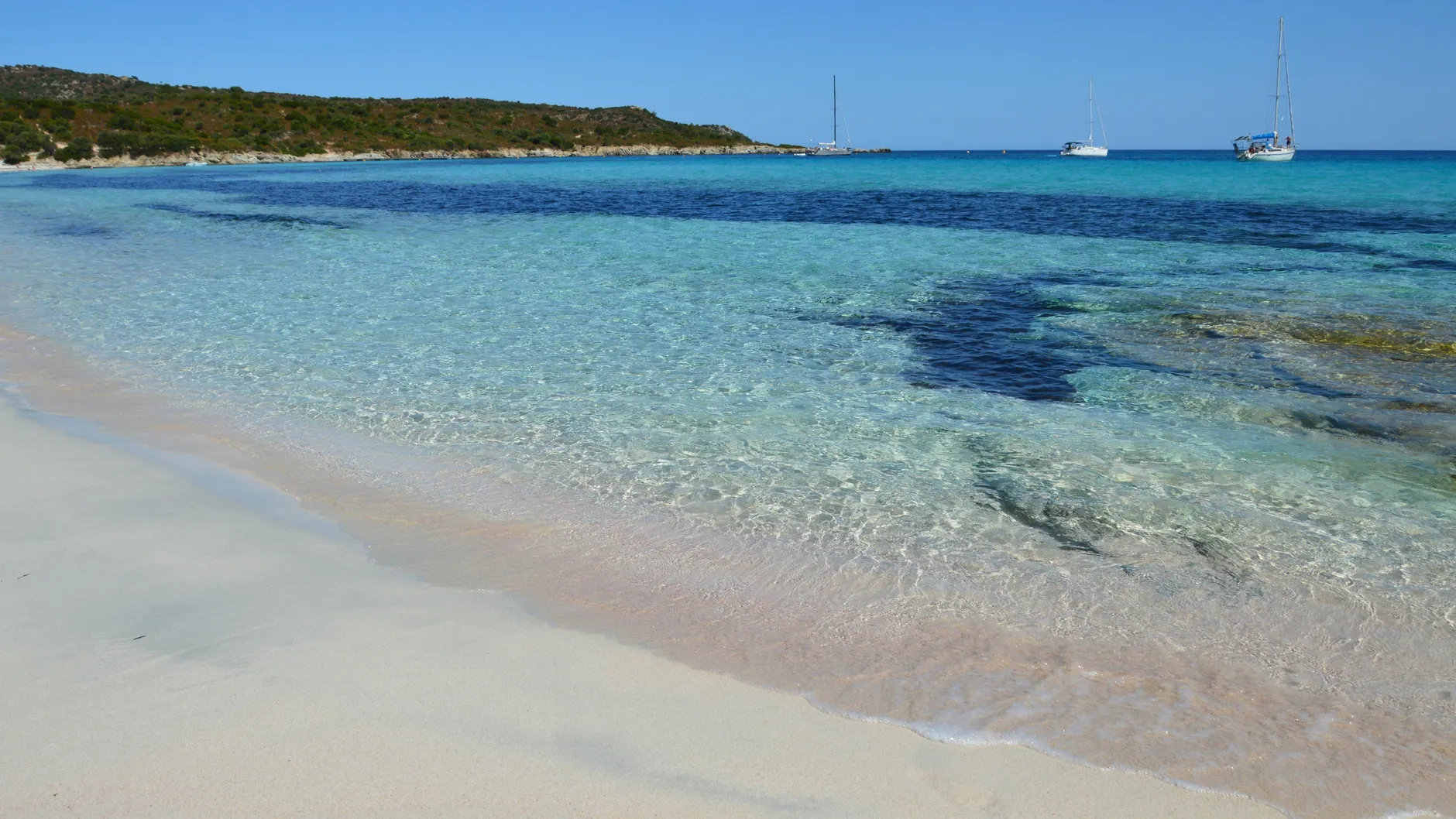 Crystal-clear waters and sandy shores at Plage de Saleccia, Corsica, with sailboats on the horizon.